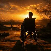 Rollstuhl gebunden Silhouette, symbolisieren Ermächtigung inmitten ein Sonnenuntergänge golden Farbtöne zum Sozial Medien Post Größe ai generiert foto