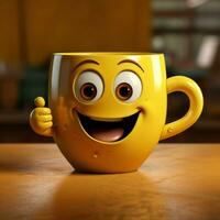 Gelb Hintergrund Gastgeber bezaubernd Kaffee Tasse Charakter, lächelnd Zimmer zum Anpassung zum Sozial Medien Post Größe ai generiert foto