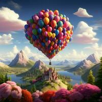 Ballon Traumlandschaft, Fantasie Flugzeug steigt an mit ein lebendig Array von bunt Luftballons zum Sozial Medien Post Größe ai generiert foto