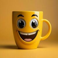 heiter Kaffee Tasse Charakter grinsend, einstellen auf Gelb Hintergrund reichlich Kopieren Bereich zum Sozial Medien Post Größe ai generiert foto