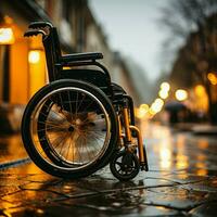 schließen oben Aussicht Mann im Rollstuhl hält Räder, abbilden Stärke und Fähigkeit Trotz Behinderung zum Sozial Medien Post Größe ai generiert foto