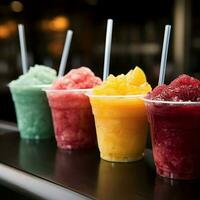 bunt Reihe von Plastik Tasse Slushies, randvoll mit gefroren fruchtig Güte zum Sozial Medien Post Größe ai generiert foto