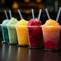 bunt Reihe von Plastik Tasse Slushies, randvoll mit gefroren fruchtig Güte zum Sozial Medien Post Größe ai generiert foto