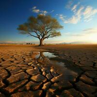Dürre betroffen Boden Bären einsam Baum, porträtieren Klima Änderungen Wasser Mangel Einschlag zum Sozial Medien Post Größe ai generiert foto