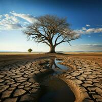 Dürre betroffen Boden Bären einsam Baum, porträtieren Klima Änderungen Wasser Mangel Einschlag zum Sozial Medien Post Größe ai generiert foto