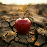 emblematisch Apfel auf trocken Erde illustriert Essen Unsicherheit, Wasser Mangel, landwirtschaftlich Krise zum Sozial Medien Post Größe ai generiert foto