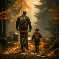 väterlich Unterstützung, Mann Trainer Kinder Fahrrad Reiten, angesehen von hinter zum Sozial Medien Post Größe ai generiert foto