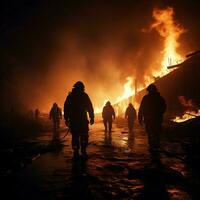 feurig Krise abgewendet Feuerwehrleute nutzen drehen Nebel zu erobern Öl Flammen, gewährleisten Sicherheit zum Sozial Medien Post Größe ai generiert foto