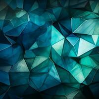 geometrisch Intrigen abstrakt Dreiecke verschmelzen tief Blau, Grün, Weiss, und beschwingt cyan zum Sozial Medien Post Größe ai generiert foto