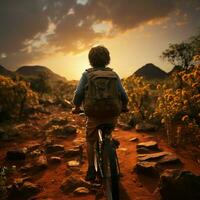 wachsend Fähigkeiten, Mann AIDS Kinder Fahrrad Reise, gefangen von das Rückseite zum Sozial Medien Post Größe ai generiert foto