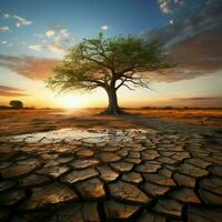 ikonisch Baum auf geknackt Boden verkörpert Klima Krise, global Erwärmen induziert Wasser Knappheit zum Sozial Medien Post Größe ai generiert foto