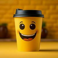 bezaubernd Kaffee Tasse Persona auf Gelb Hintergrund, Sport ein Grinsen Kopieren freundlich Atmosphäre zum Sozial Medien Post Größe ai generiert foto