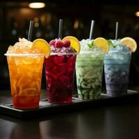 eisig Obst Slushies Stand vereinigt im Plastik Tassen, Bildung ein kühl ausrichten zum Sozial Medien Post Größe ai generiert foto