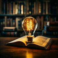 leuchten Wissen glühend Birne verbessert Bücher Weisheit, symbolisieren erfinderisch Inspiration zum Sozial Medien Post Größe ai generiert foto