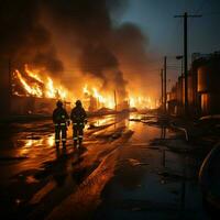 industriell Szene Feuerwehrleute verwenden drehen Nebel zu zähmen Öl Feuer, zügeln Potenzial Inferno zum Sozial Medien Post Größe ai generiert foto