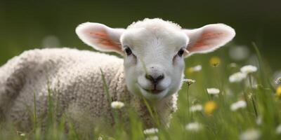 süß glücklich Lamm auf das Feld, Schaf. generativ ai foto