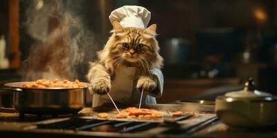 komisch Katze bereitet vor Essen im das Küche. generativ ai foto