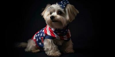 süß Hund gekleidet im uns National Farben. Juli 4 .. ist Unabhängigkeit Tag von das vereinigt Zustände von Amerika. generativ ai foto