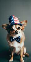 süß Hund gekleidet im uns National Farben. Juli 4 .. ist Unabhängigkeit Tag von das vereinigt Zustände von Amerika. generativ ai foto