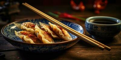 köstlich Gericht Chinesisch gebraten Knödel im ein Chinesisch Restaurant. generativ ai foto