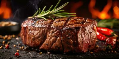 köstlich gebraten Fleisch im ein Restaurant. appetitlich Steak auf das Tisch. generativ ai foto