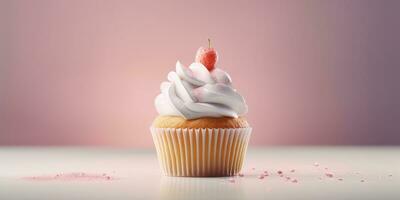 köstlich Cupcakes. appetitlich Cupcakes auf ein Pastell- Hintergrund. generativ ai foto