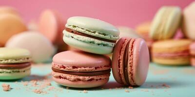 Macaron auf ein Pastell- Hintergrund. Banner. Platz zum Text. generativ ai foto