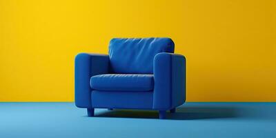 Blau Sessel auf ein Gelb Hintergrund. Minimalismus. Platz zum Text. generativ ai foto