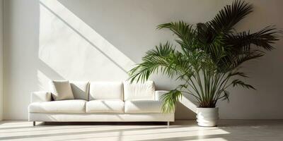 Weiß Sofa auf ein Licht Hintergrund. Minimalismus. Platz zum Text. generativ ai foto