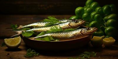 gebraten Fisch im ein Restaurant Nahansicht von ein Gericht. generativ ai foto