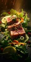 gegrillt Thunfisch Steak im ein Restaurant Gericht Nahansicht. generativ ai foto