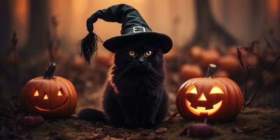 Kätzchen im ein Hexe Hut im das Herbst Wald. Platz zum Text. generativ ai foto