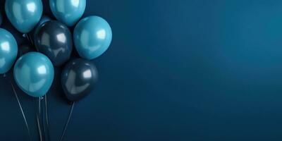 dunkel Blau Luftballons auf ein Blau Hintergrund, mit Raum zum Text. das Banner ist dunkel Blau. generativ ai foto