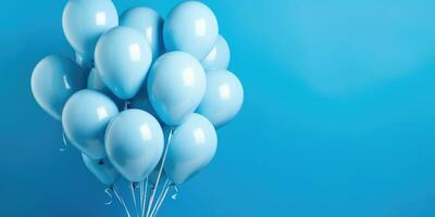 Blau Luftballons auf ein Blau Hintergrund, mit Platz zum Text. das Banner ist Blau. generativ ai foto