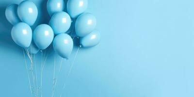 Blau Luftballons auf ein Blau Hintergrund, mit Platz zum Text. das Banner ist Blau. generativ ai foto