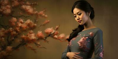 schwanger schön asiatisch Mädchen Nahansicht. generativ ai foto
