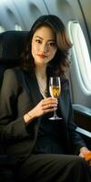 Herrlich asiatisch Mädchen auf das Flugzeug mit ein Glas von Champagner. generativ ai foto