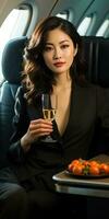 Herrlich asiatisch Mädchen auf das Flugzeug mit ein Glas von Champagner. generativ ai foto