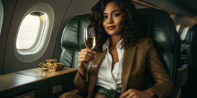 Herrlich afrikanisch Frau auf ein Flugzeug mit ein Glas von Champagner. generativ ai foto