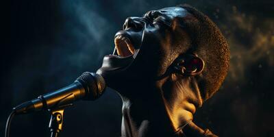 afrikanisch Mann singt im Karaoke. generativ ai foto