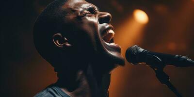 afrikanisch Mann singt im Karaoke. generativ ai foto