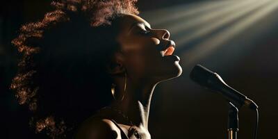 jung afrikanisch Frau singt im Karaoke. generativ ai foto