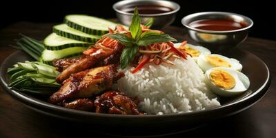 Fleisch mit Reis, lecker Gericht Nahansicht. Kochen Lebensmittel. generativ ai foto