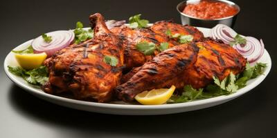 das National Gericht von Indien, Tandoori Hähnchen. Gericht Nahansicht. generativ ai foto