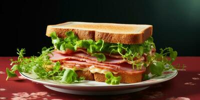 Sandwich auf ein Teller Nahansicht. richtig Frühstück. generativ ai foto