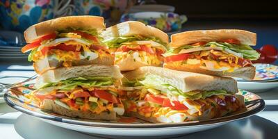 Nahansicht Sandwich, schnell Lebensmittel. generativ ai foto