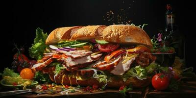 Nahansicht Sandwich, schnell Lebensmittel. generativ ai foto