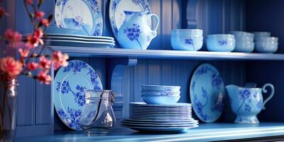 Küche Utensilien im Schatten von Blau und Blau. generativ ai foto