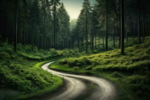 ein szenisch Wald Straße umgeben durch beschwingt Grün foto