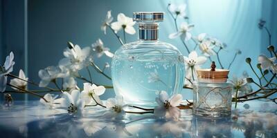 Parfüm Werbung auf ein Blau Blumen- Hintergrund. generativ ai foto